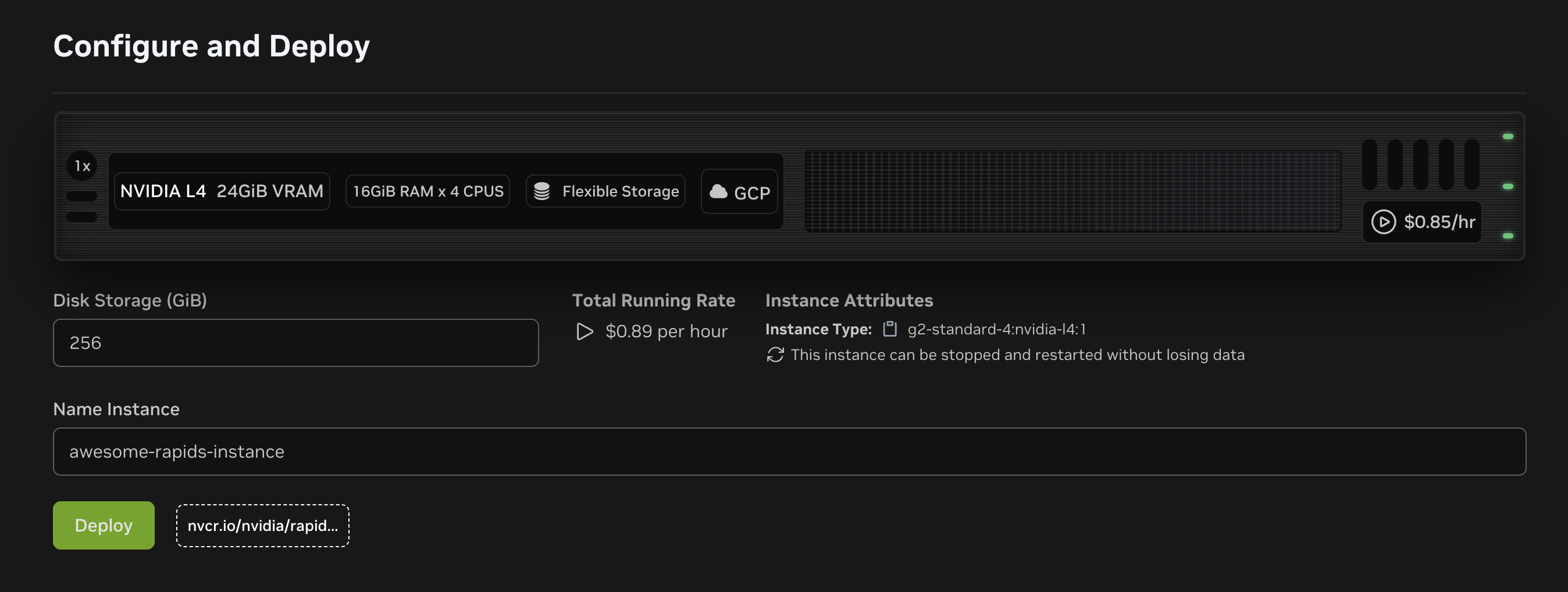 Screenshot of the instance creation summary screen with the deploy button highlighted