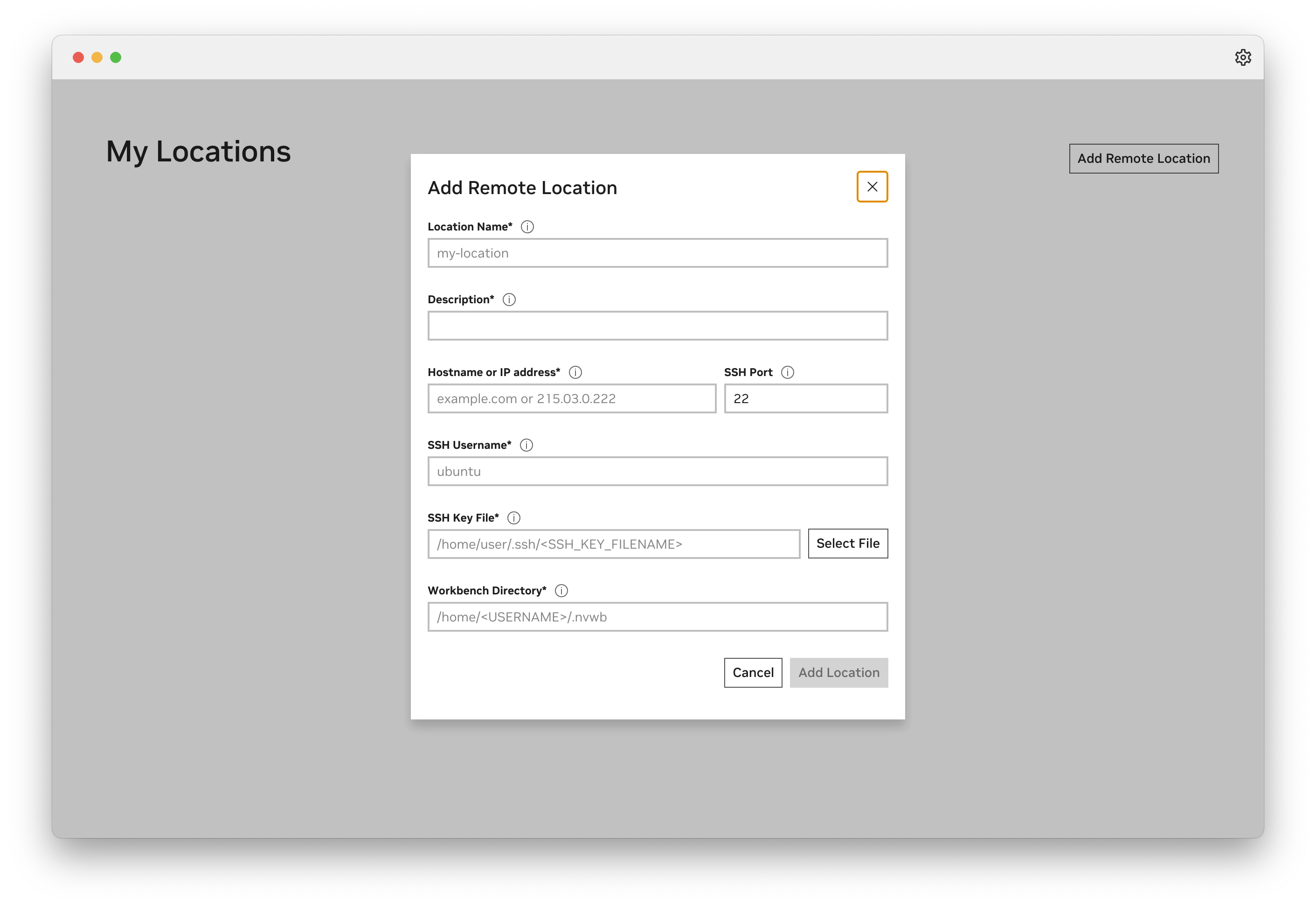 Screenshot of adding a new remote location with a form where you can enter SSH information
