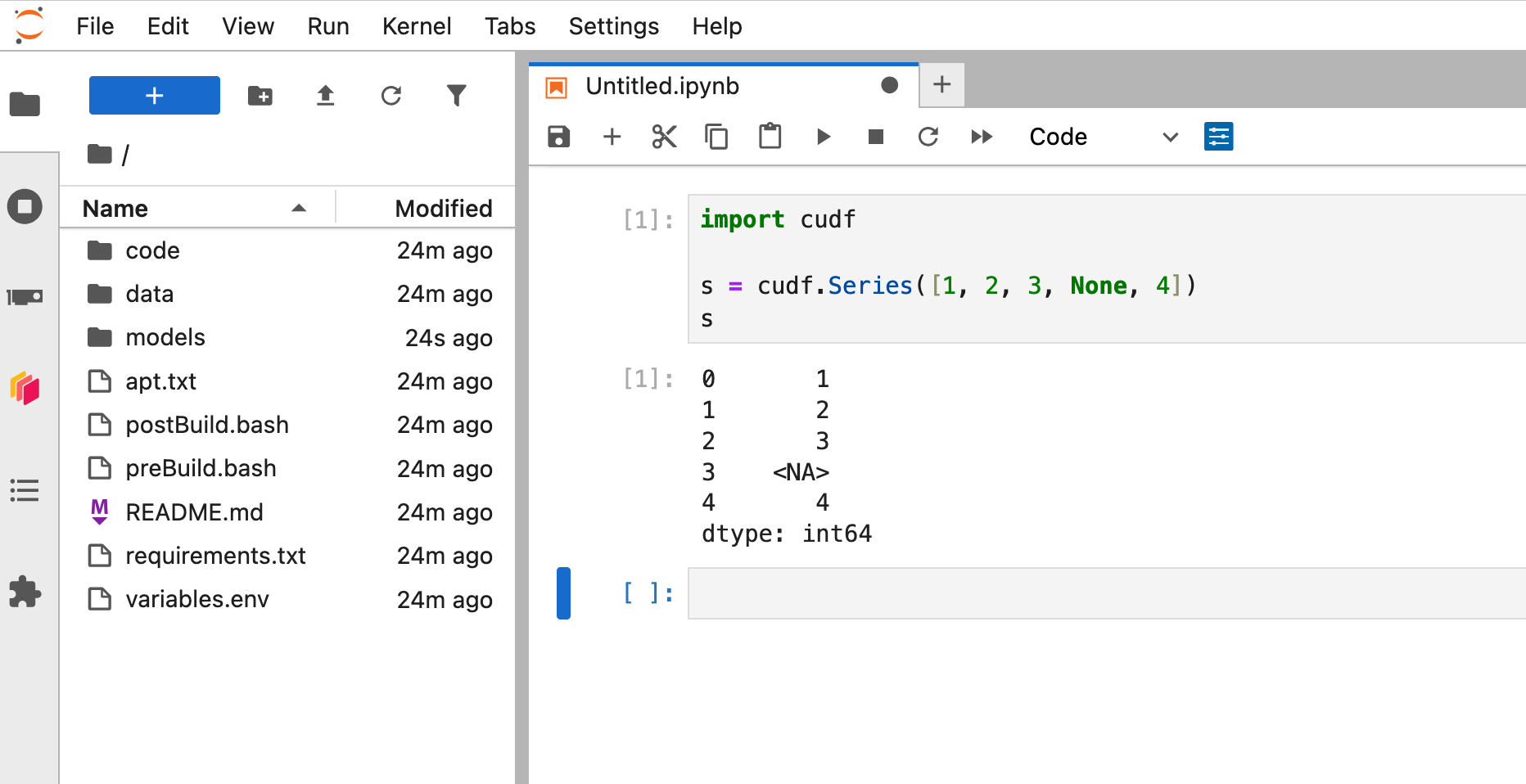 Screenshot of Jupyterlab running some cudf code to demonstrate that the RAPIDS libraries are available and working