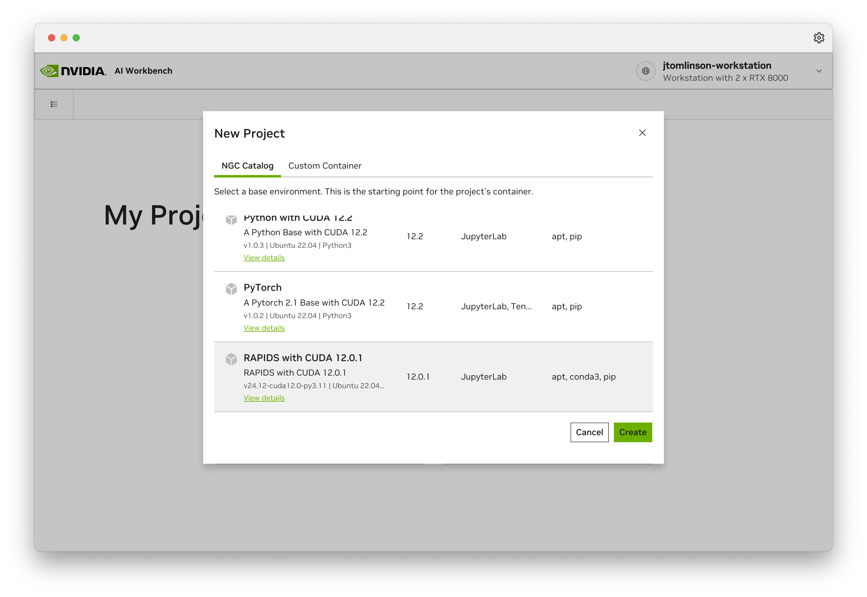 Screenshot of the template selector with "RAPIDS with CUDA" highlighted